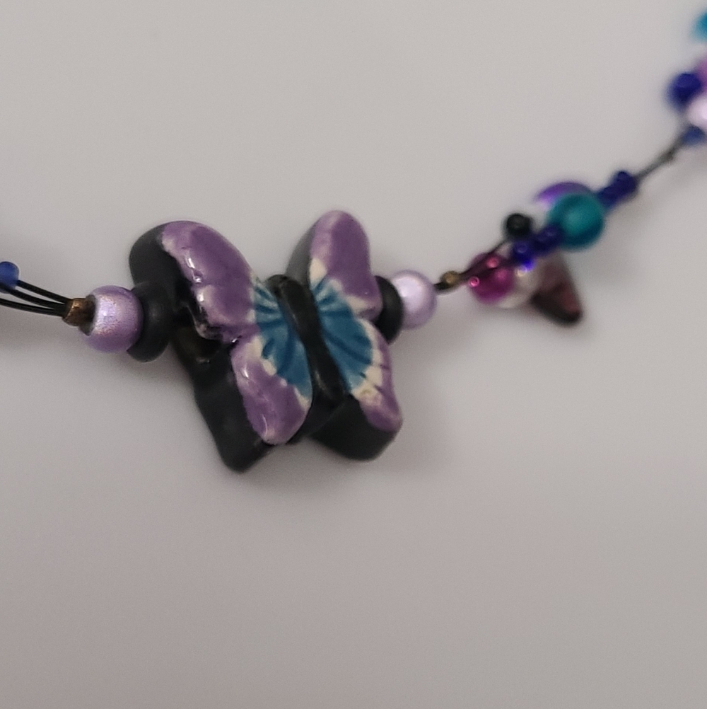 925 Vintage Butterfly Pottery Necklace Artisan Glass Beaded Purple Cats Eye Vtg - Picture 12 of 16